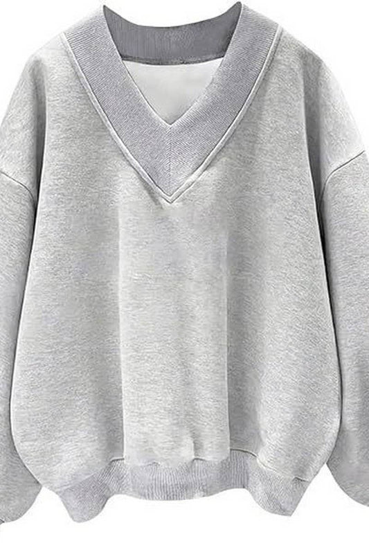 CWTBLL4011_SOLID V-NECK FLEECE LINED LOOSE FIT SWEATSHIRT