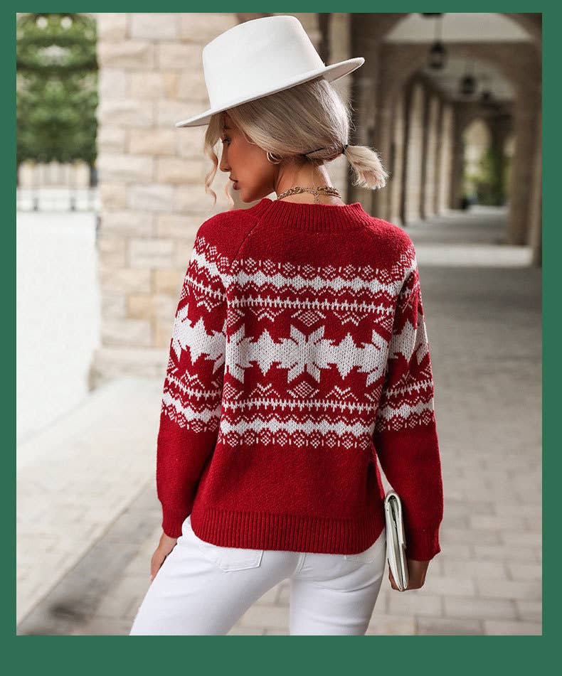 Crew-neck red knit Christmas snowflake sweater