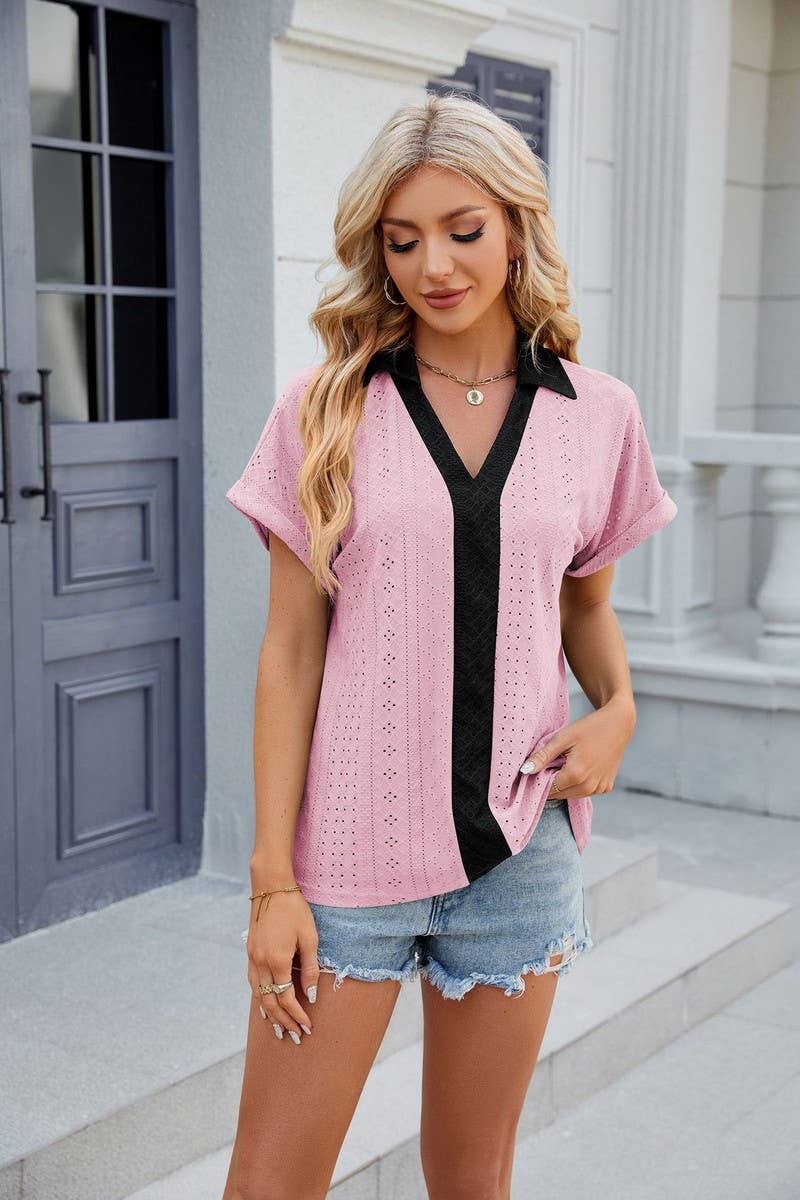 CWTTS0832_V-Neck Short Sleeve Knit Top