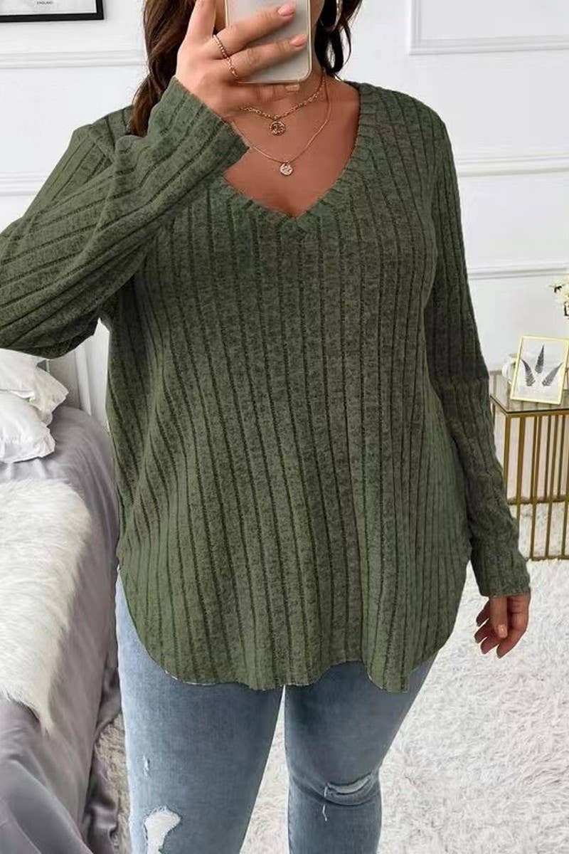CWTTL1961_SPRING AND AUTUMN V-NECK LARGE SIZE RIBBED TOP