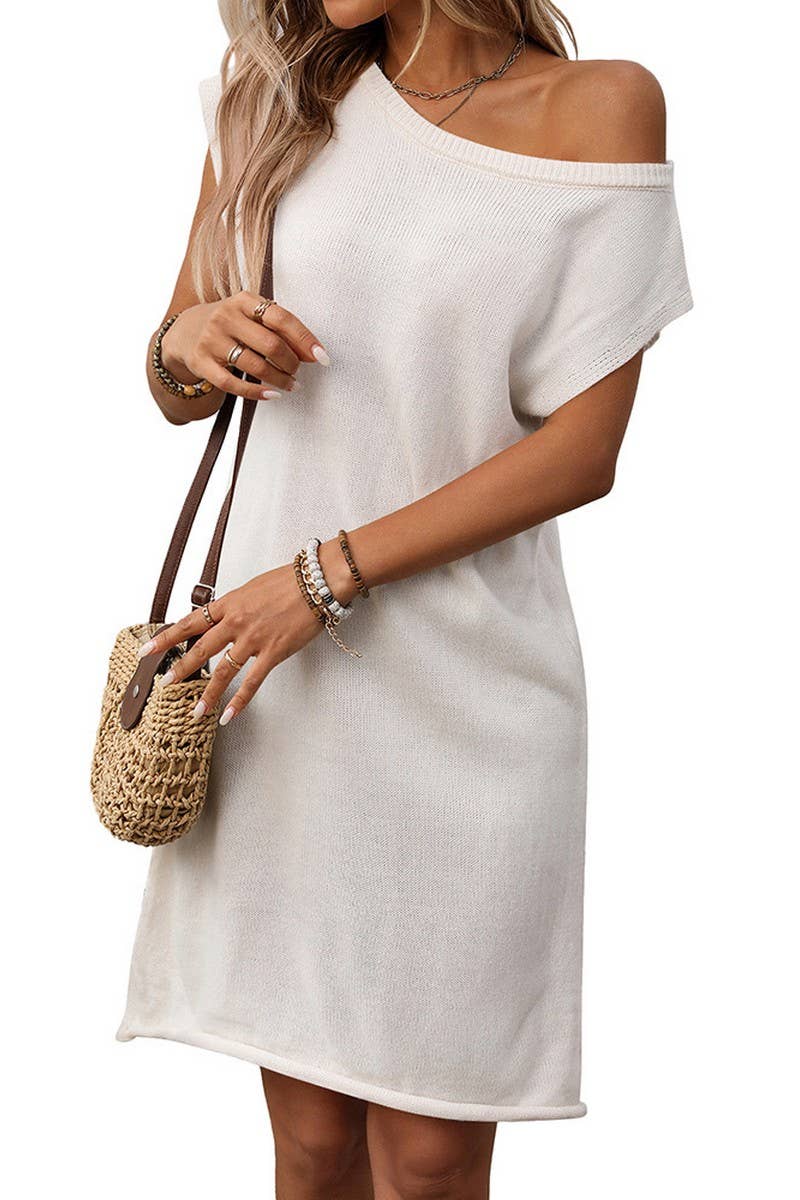 CWDSD7264_SOLID COLOR OFF-SHOULDER PULLOVER KNITTED DRESS