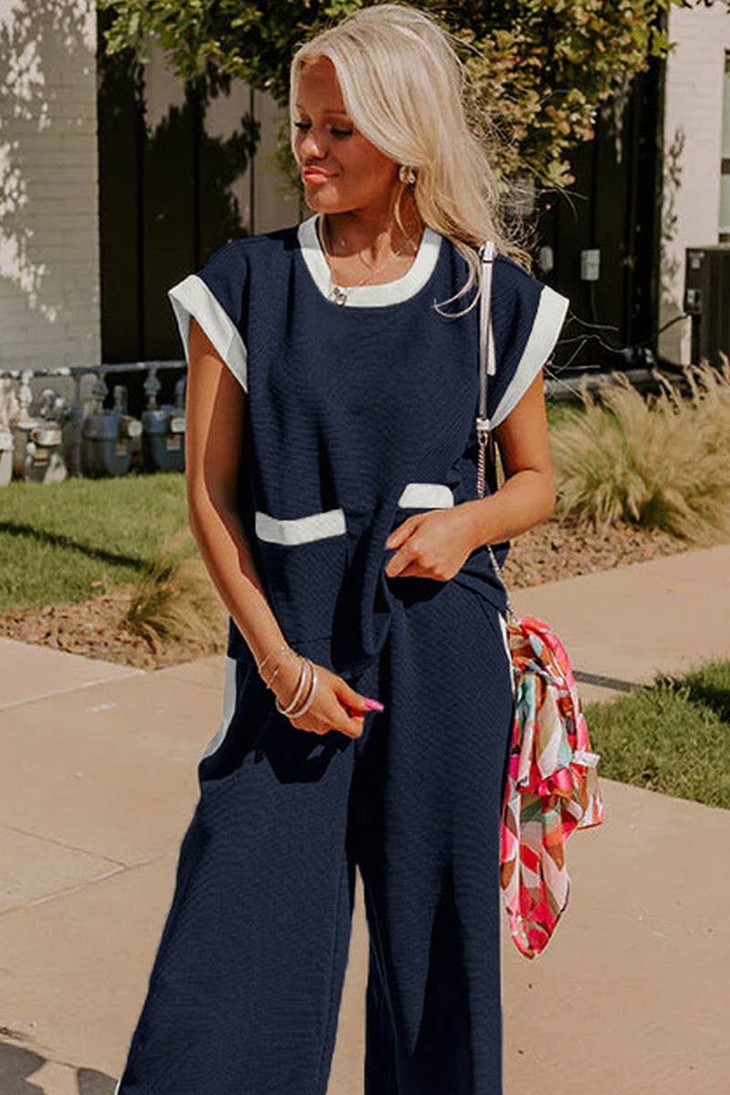 CWSTB1672_CONTRAST COLOR CREW NECK STRAIGHT PANTS SUIT