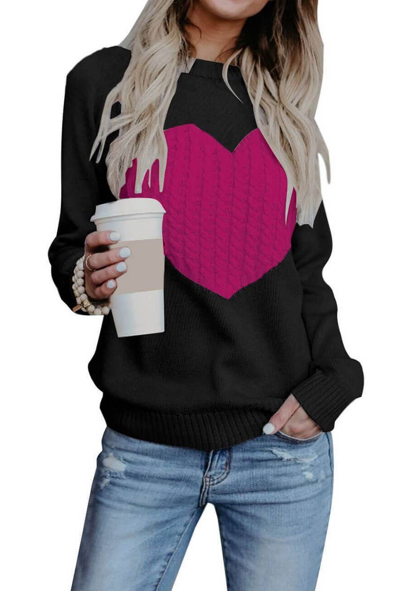 CWOSWL5809_KNITTED ROUND NECK PULLOVER HEART SWEATER