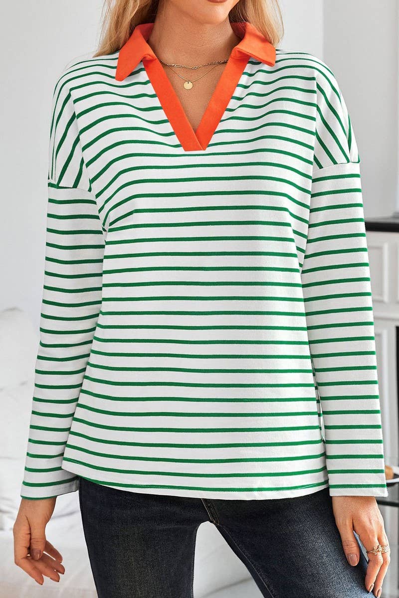 CWTBLL3674_STRIPED V-NECK LOOSE LAPEL SWEATSHIRT TOP