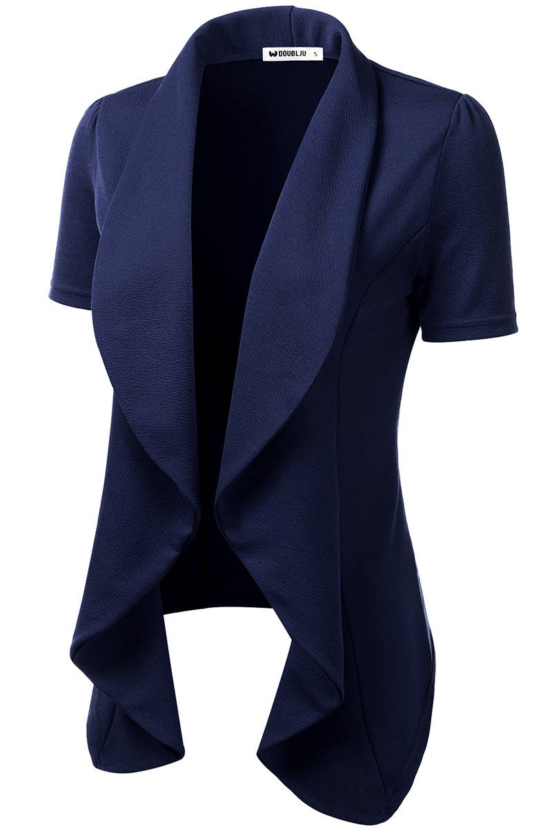 CWOBL095_Short Sleeve Open Front Draped Ruffles Blouses