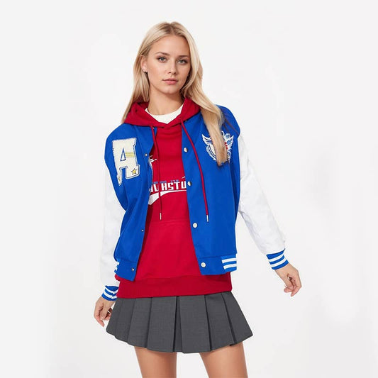 COLOR CONTRAST LETTER PRINT BASEBALL JACKET