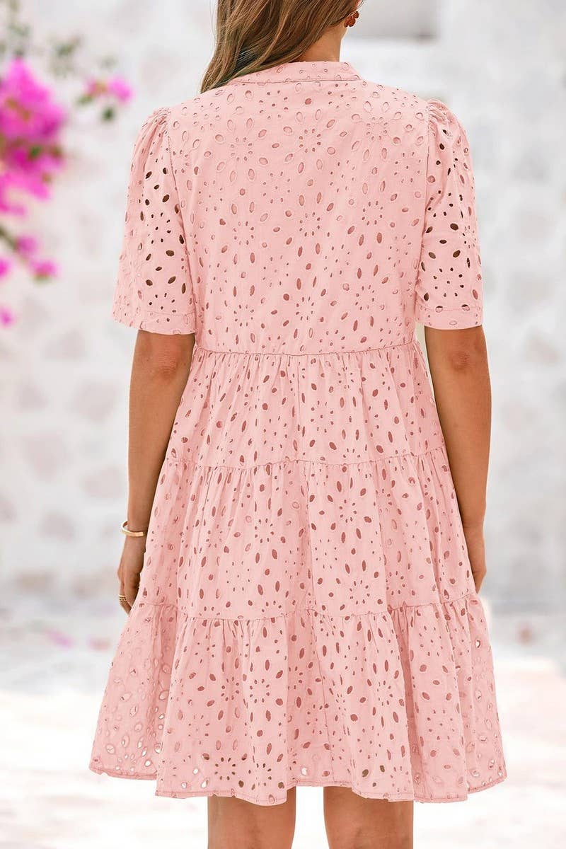 CWDSD8527_V-NECK HOLLOW LACE ELEGANT A-LINE DRESS