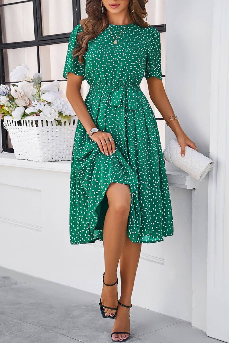 CWDSD7139_TEMPERAMENT CASUAL POLKA DOT LACE-UP PRINT DRESS