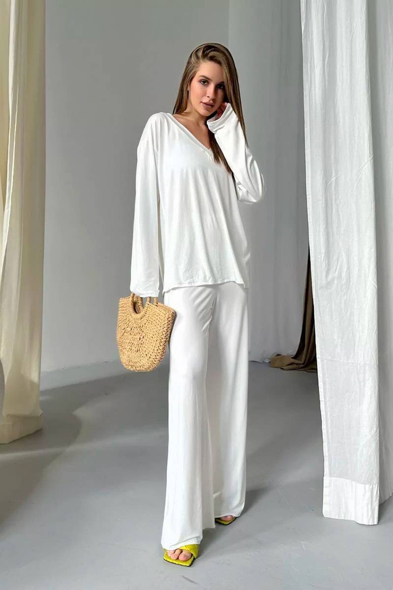 CWSPJ0322_KNITTED V-NECK LONG-SLEEVED TROUSERS PAJAMA SET