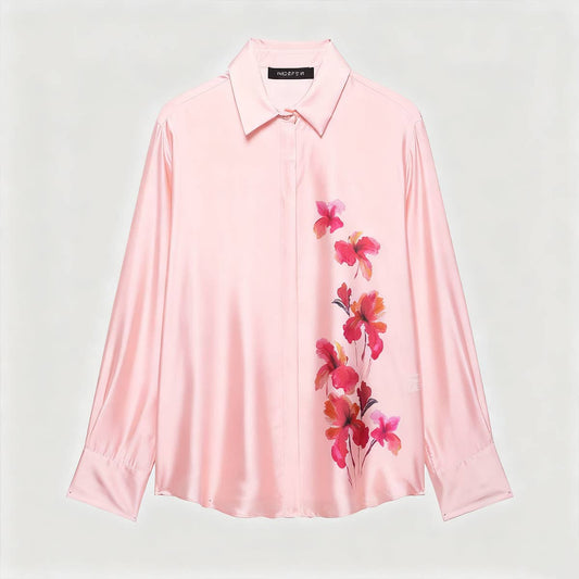 Casual flower-printed silk satin texture shirt