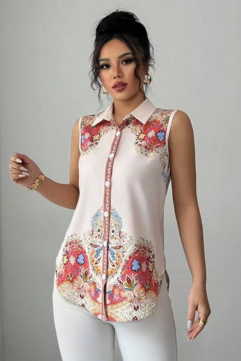 CWTBLSL01042_VINTAGE PRINT SLEEVELESS LAPEL BLOUSE
