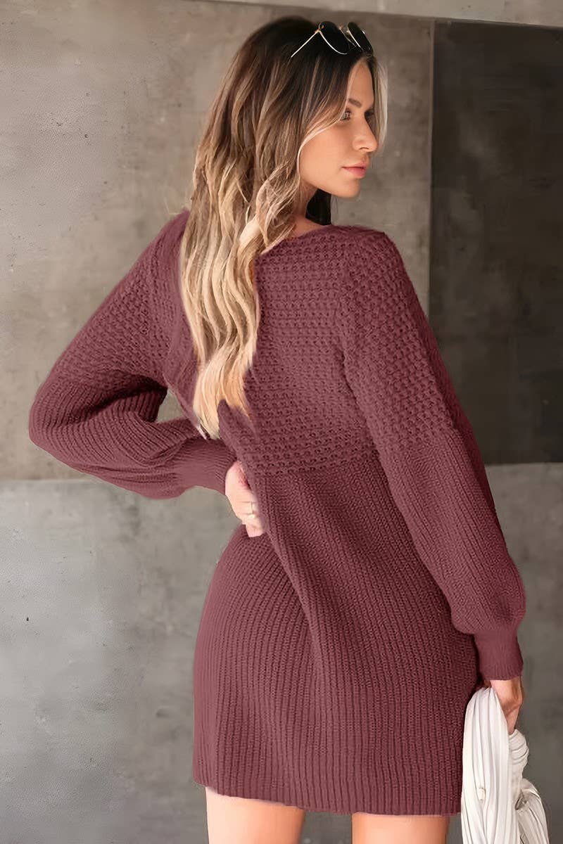 CWDSD10582_V NECK PUFF SLEEVE SOLID KNIT SWEATER DRESS