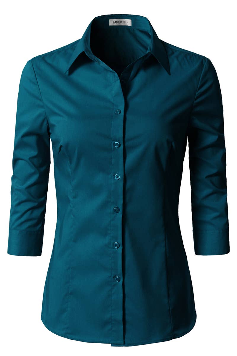 CWTSTS116_Basic Slim Fit Simple 3/4 Sleeve Button Down Shirt