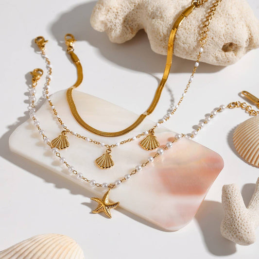 Pearl Starfish Pendant Necklace, 18K Gold Steel_CWAJE4691