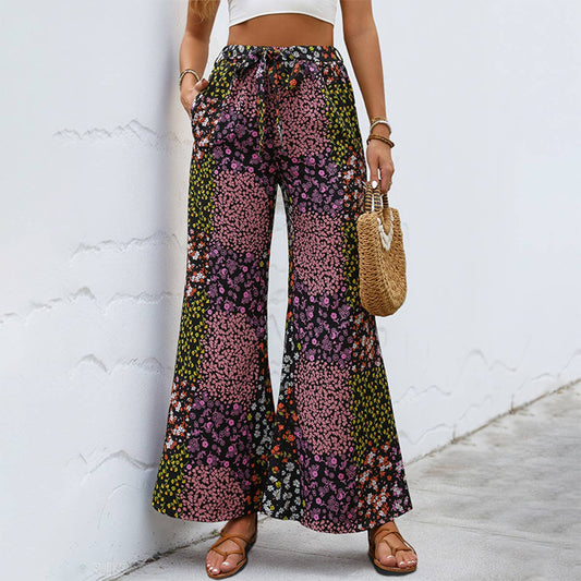 Casual lace-up printed high-waisted trousers