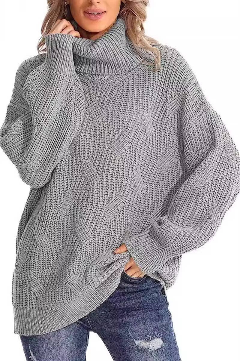 CWOSWL6804_NEW LOOSE HIGH COLLAR CABLE KNIT PULLOVER SWEATER