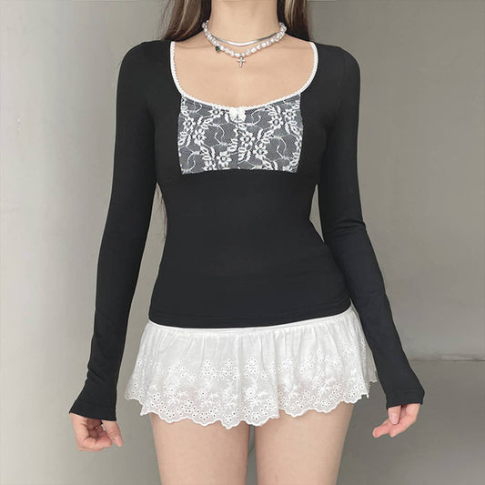 Crew-neck lace patchwork long-sleeved T-shirt