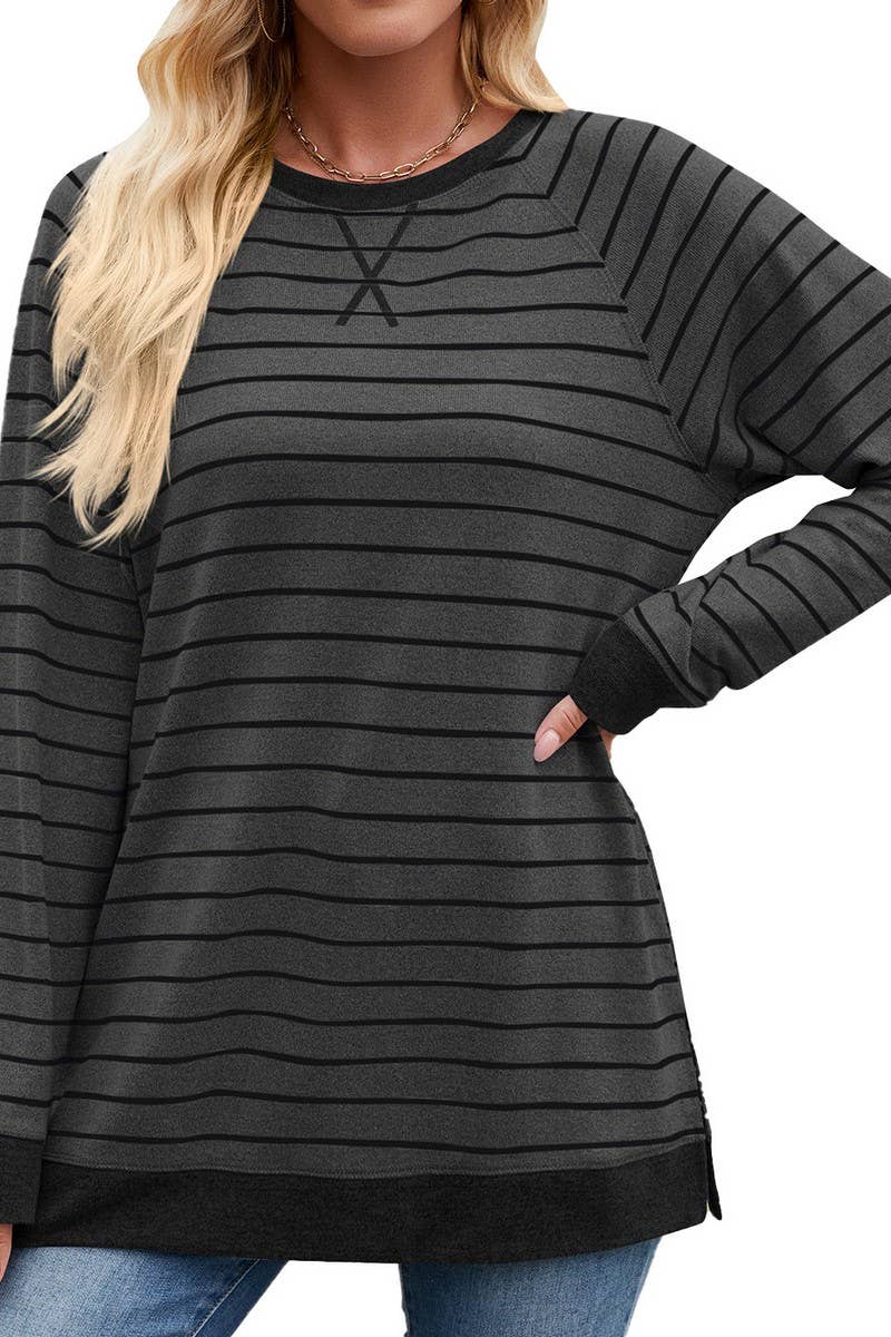 CWTBLL3663_STRIPED PATCHWORK ROUND NECK LONG SLEEVED T-SHIRT