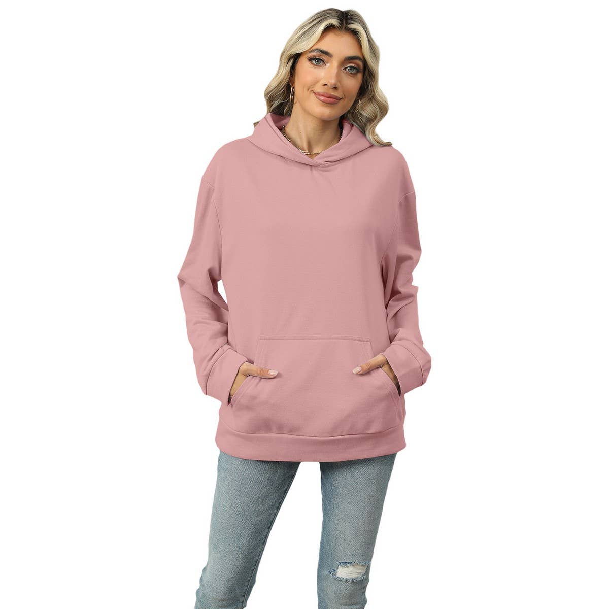 CASUAL HOODED POCKET HOODIE SOLID COLOR TOP