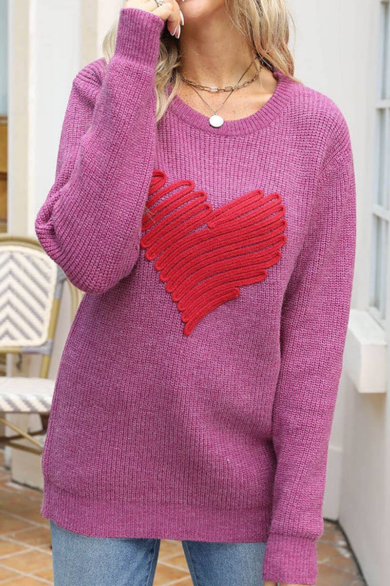 CWOSWL5811_HEART EMBROIDERED LOOSE CREW NECK SWEATER