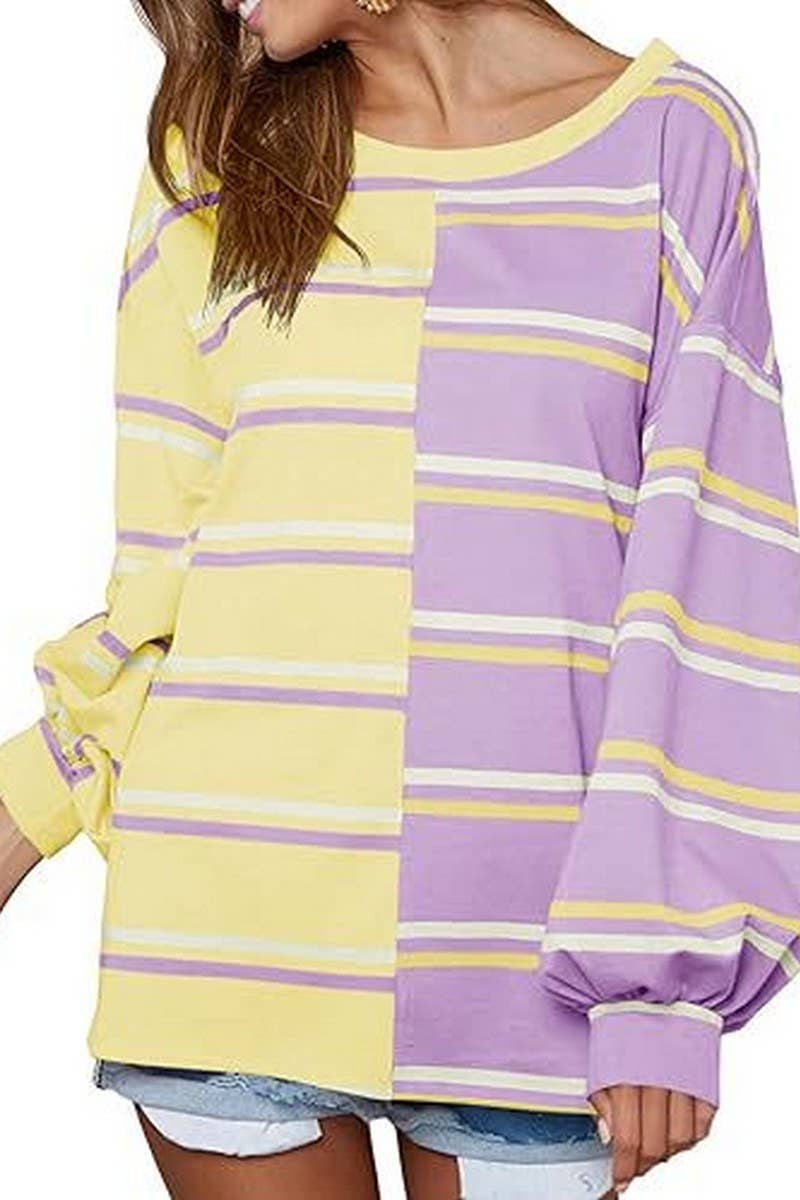 CWTBLL3903_LOOSE CASUAL STRIPED KNIT LONG SLEEVE SWEATSHIRT