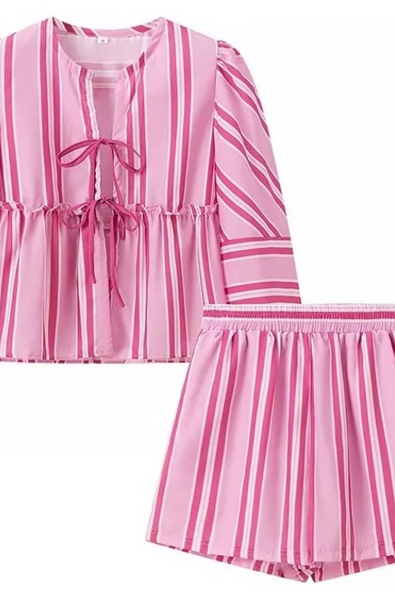 CWSTB1391_STRIPED LACE-UP BALLOON SLEEVE SHORTS SET