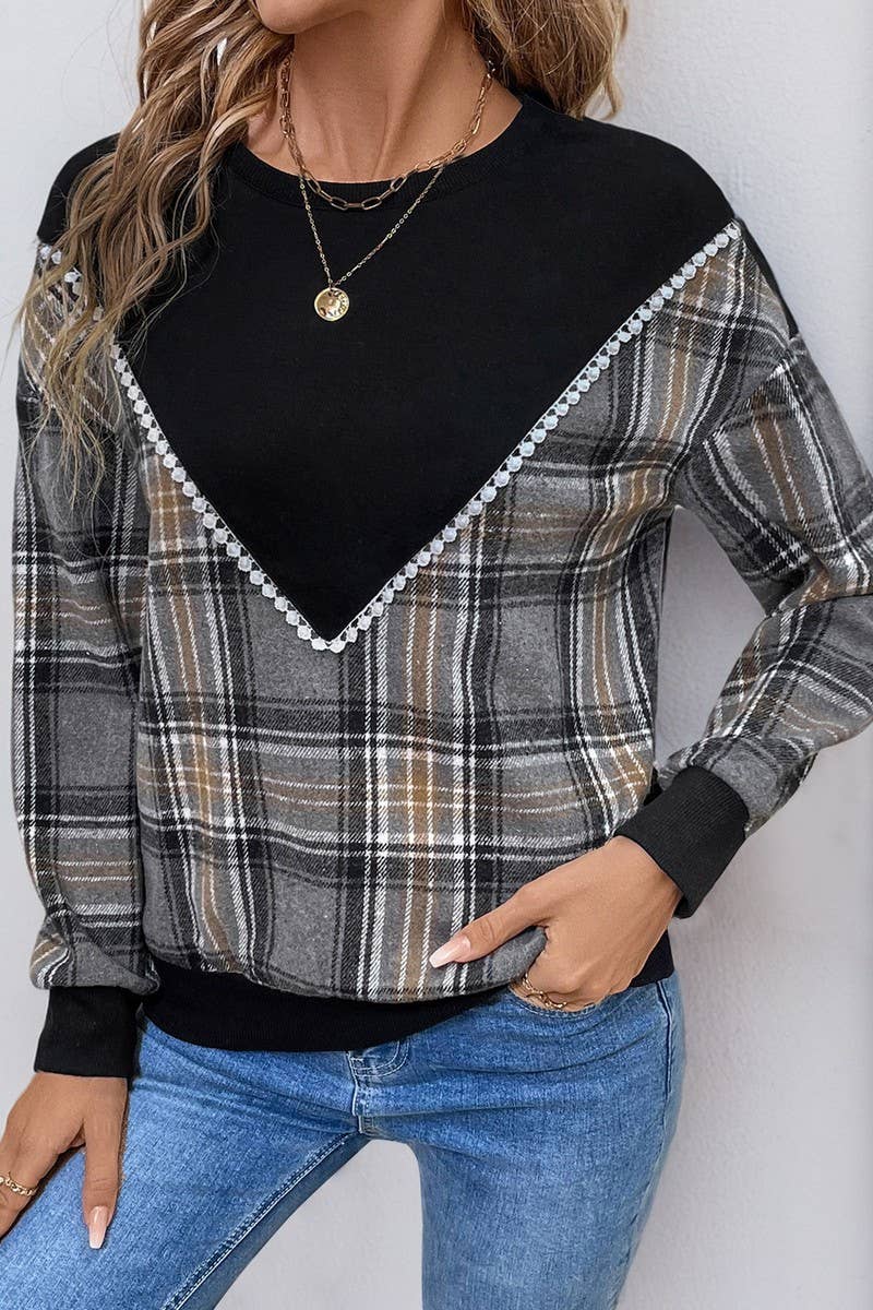 CWTBLL3714_CASUAL PLAID STITCHING ROUND NECK SWEATSHIRT