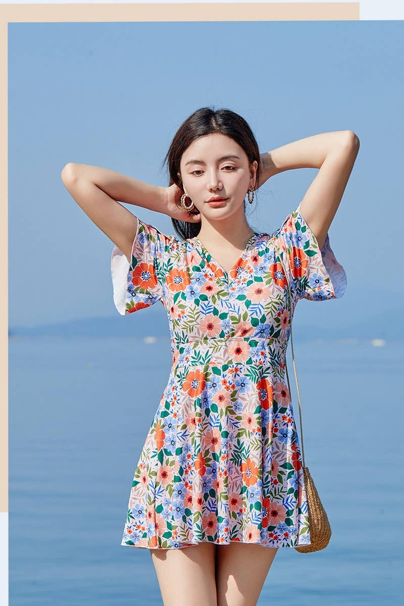 CWMW0863_V-NECK FLORAL SHORT-SLEEVED BEACH SWIMSUIT DRESS