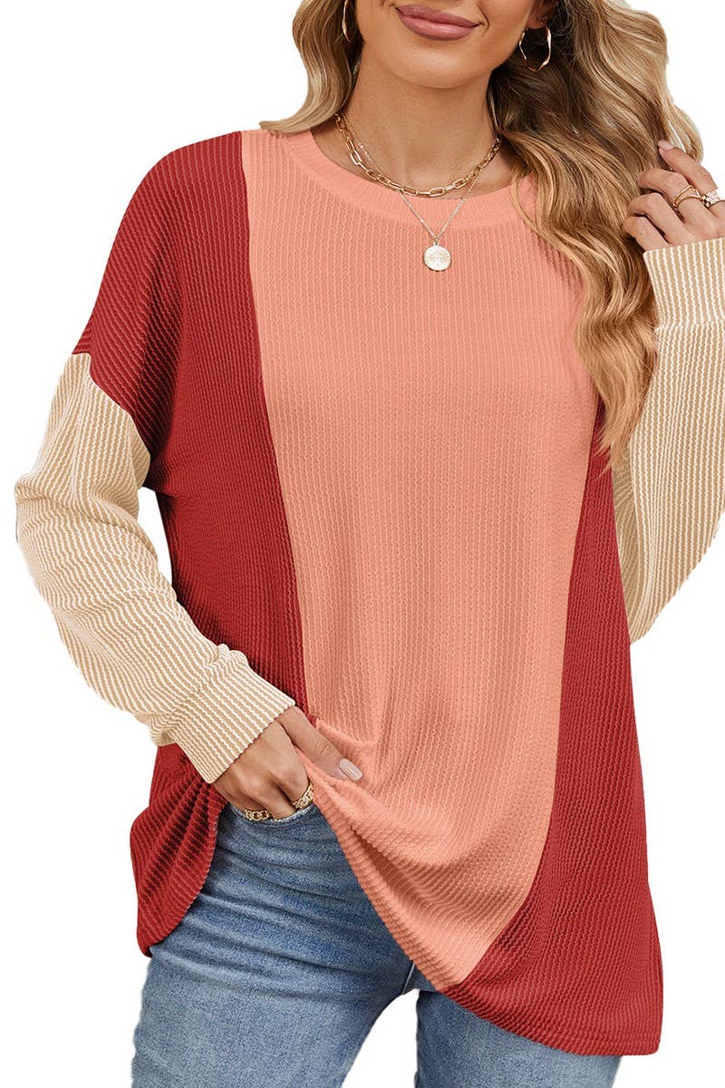CWTBLL2358_ROUND NECK LOOSE STITCHING LONG SLEEVE TOP