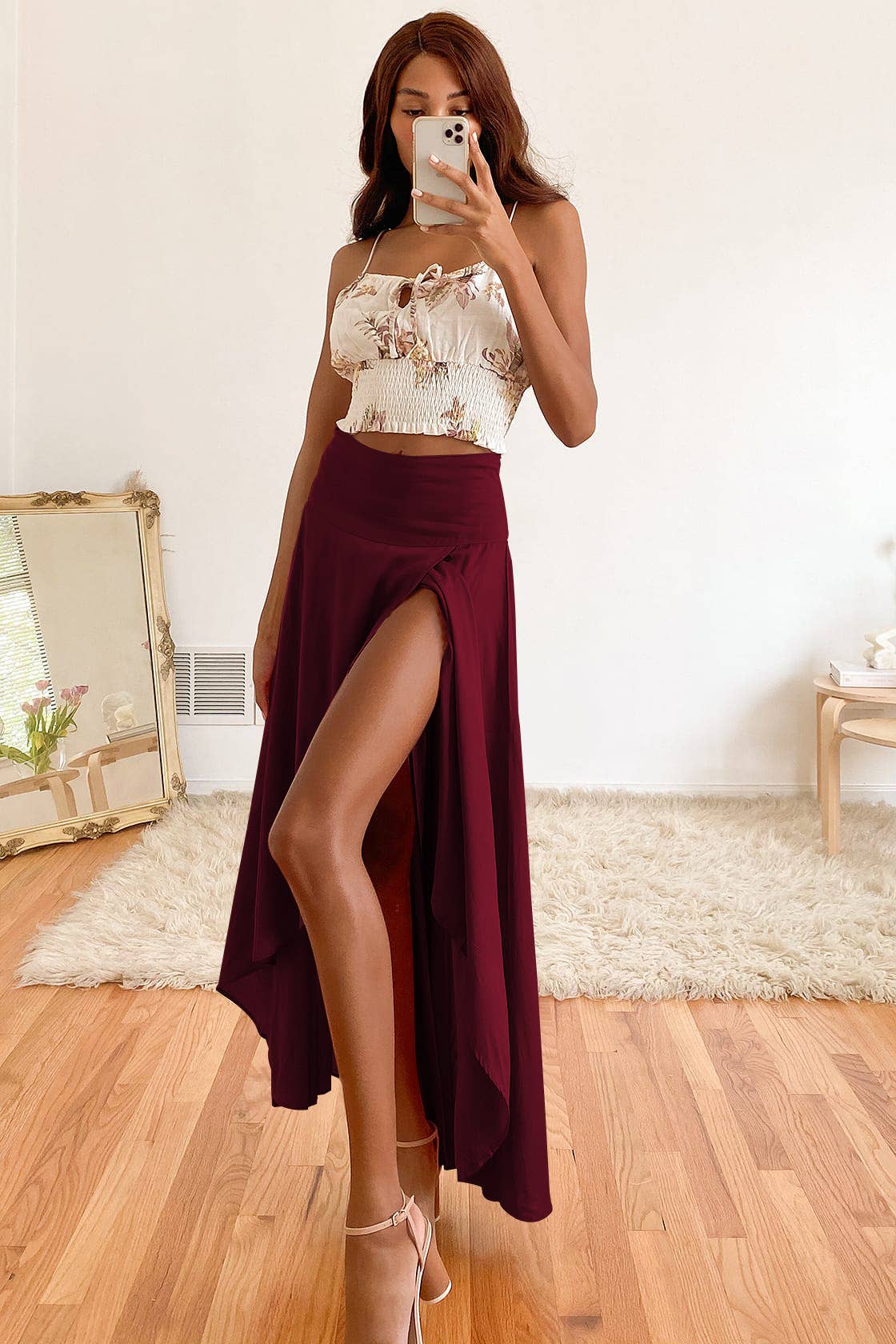 An elegant and flowing ruffled slit skirt
