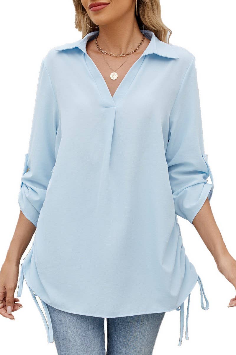 CWTSTL2787_SOLID COLOR LAPEL LOOSE SHIRT CHIFFON TOP