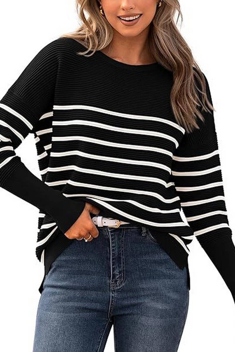 CWOSWL3401_SOLID COLOR STRIPED ROUND NECK KNITTED SWEATER
