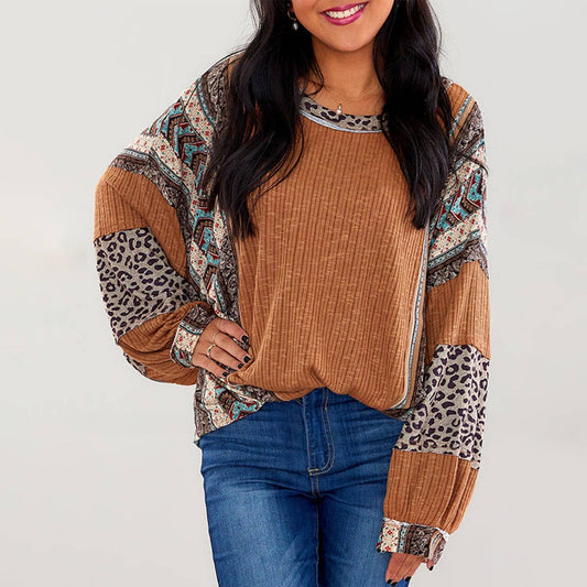 COLOR CONTRAST STRIPED CREW NECK LOOSE HOODIE