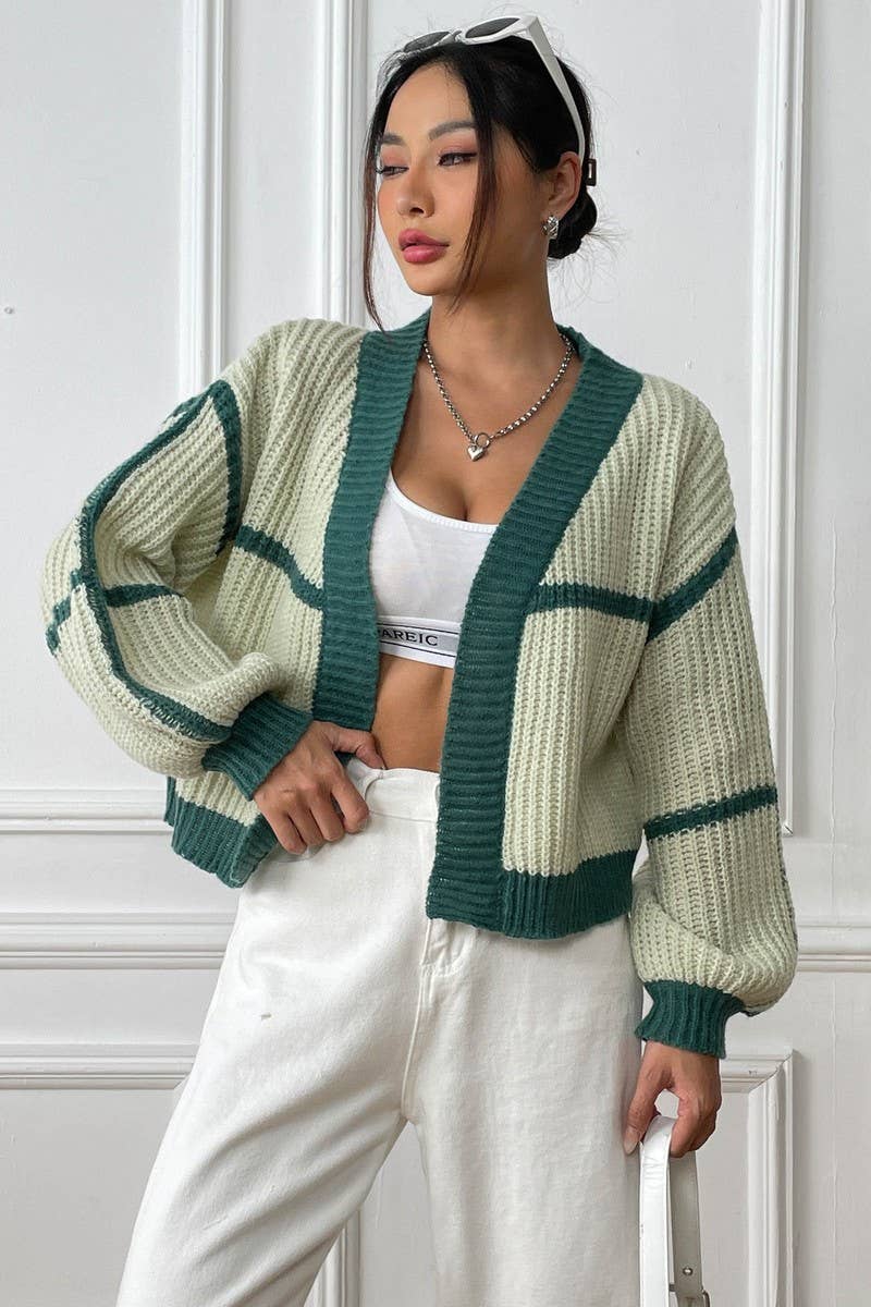 CWOSWL07344_WOMEN COLOR BLOCK KNIT CASUAL CARDIGAN