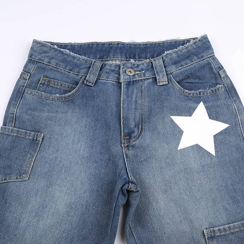 Aged five-pointed star printed high-waisted jeans
