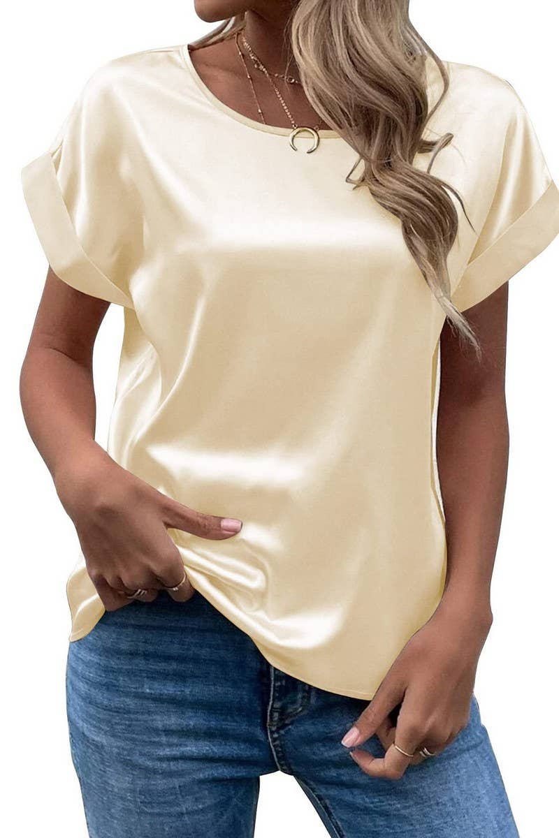 CWTBLS1775_SATIN ROUND NECK LOOSE SHORT-SLEEVED TOP