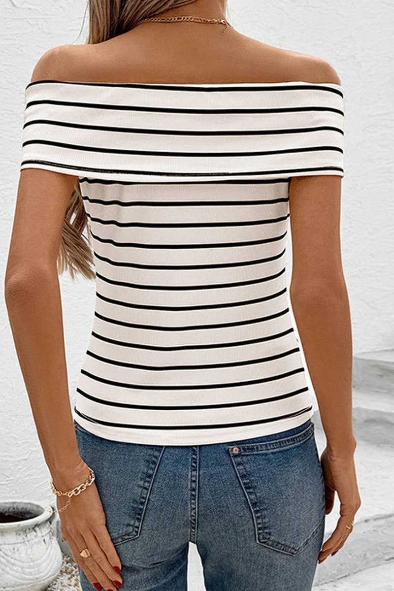 CWTBLS1561_OFF-THE-SHOULDER NECK 3D FLORAL STRIPED T-SHIRT