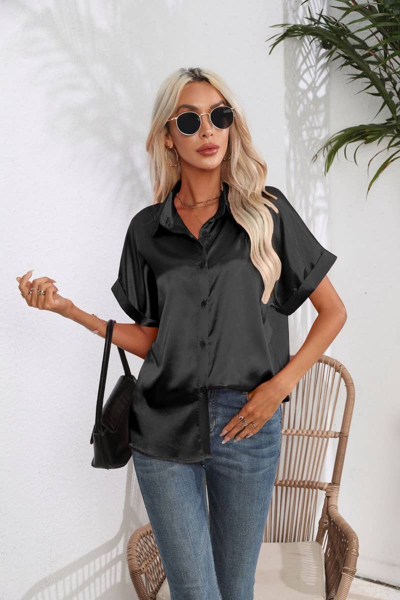 CWTBLS0406_Button Down Silky Satin Short Sleeve Top