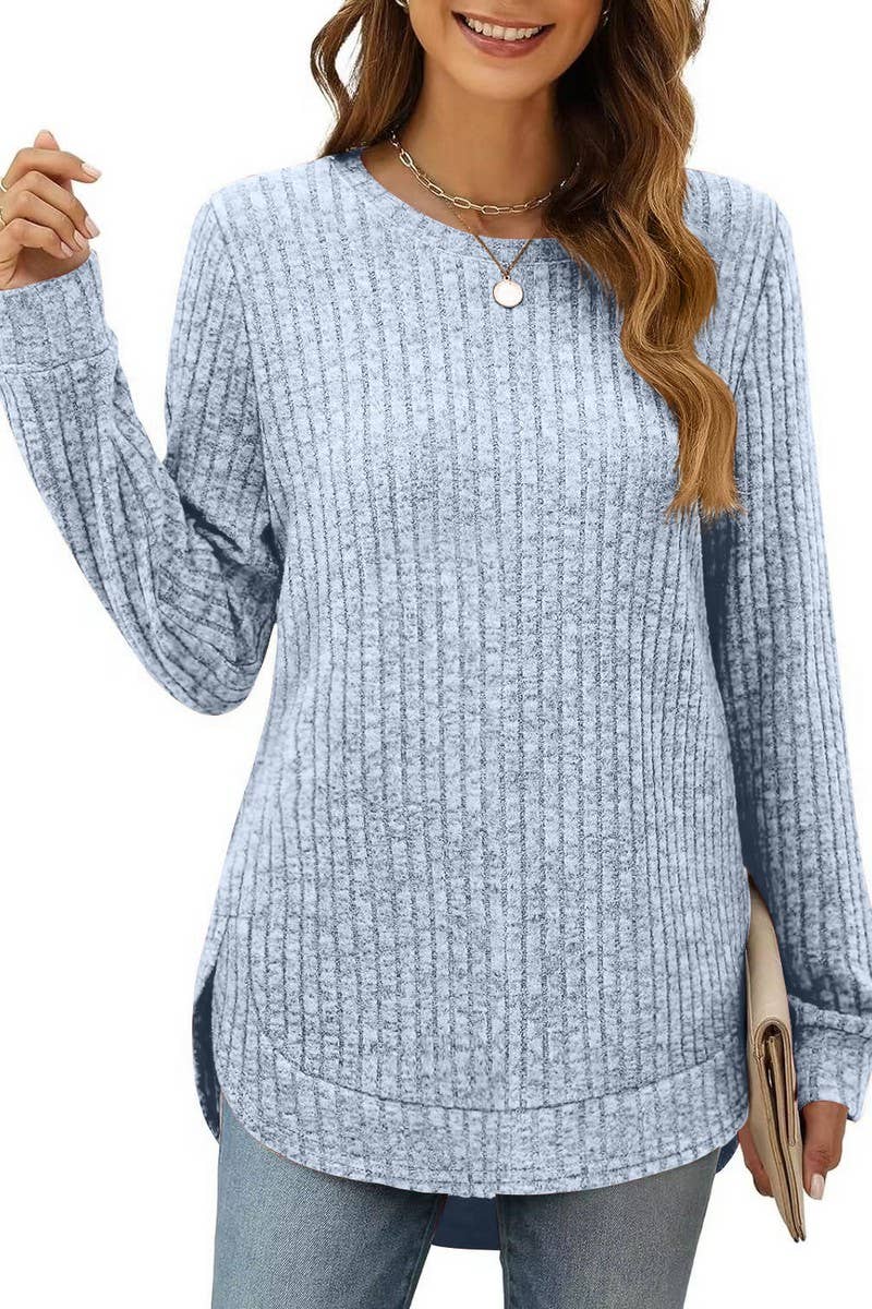 CWTBLL2383_ROUND NECK LONG SLEEVE SLIT SWALLOWTAIL TOP