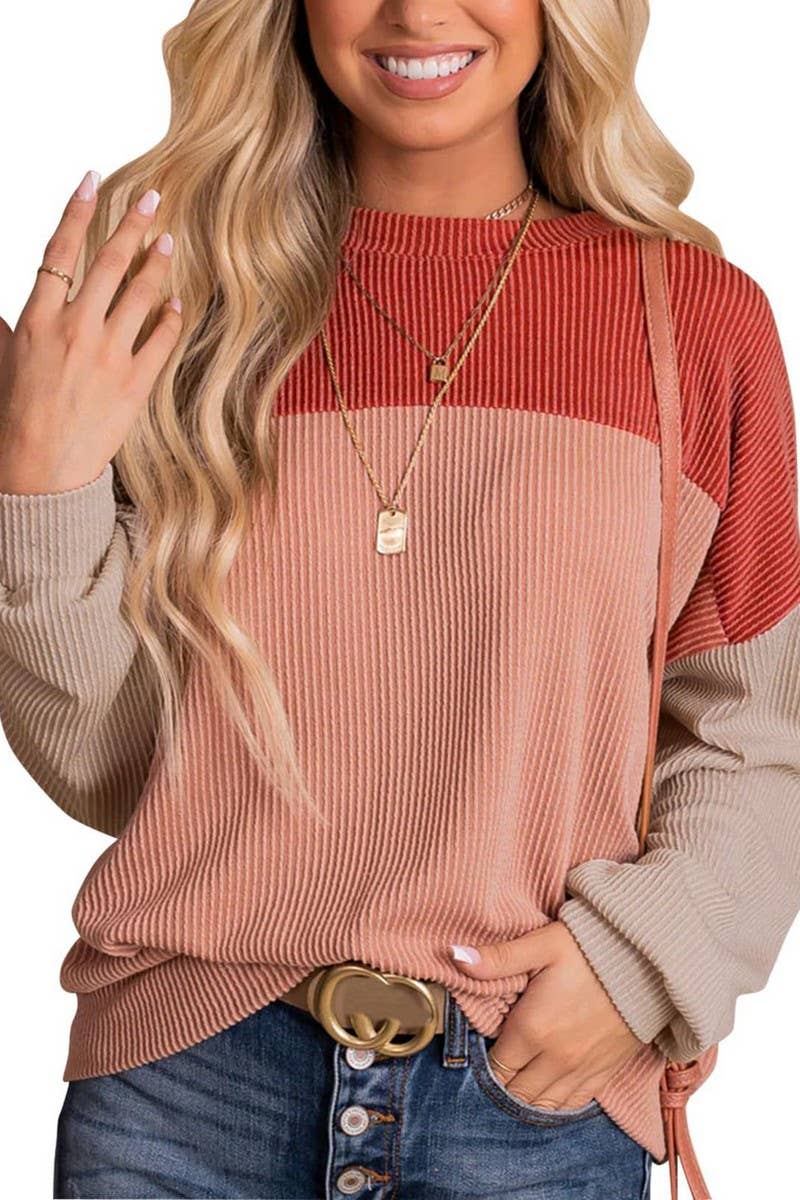 CWTBLL1828_ROUND NECK TWISTED STRIPE COLOR BLOCK LOOSE TOP