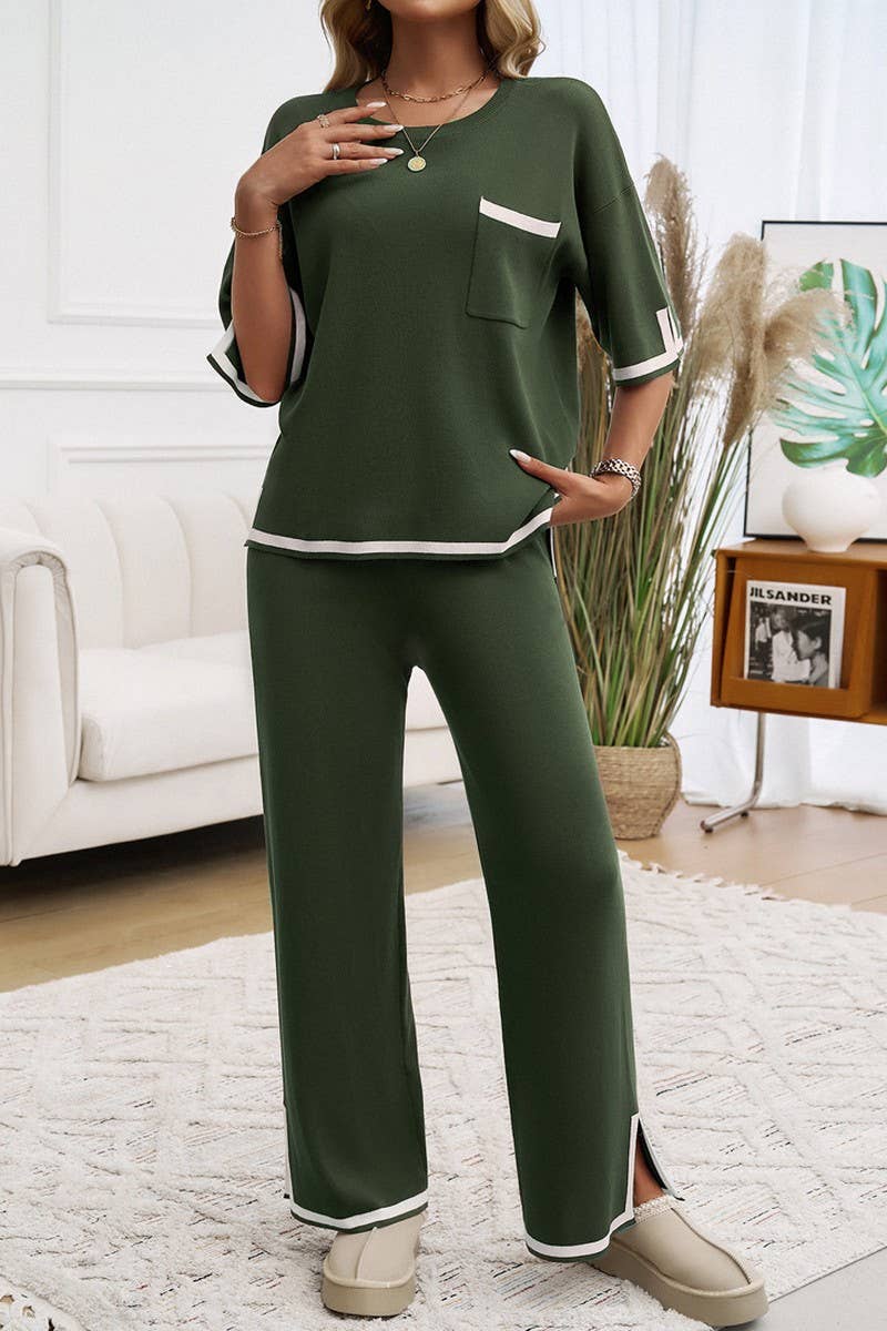 CWSTB0997_CONTRAST COLOR SHORTSLEEVED TROUSERS SWEATER SUIT