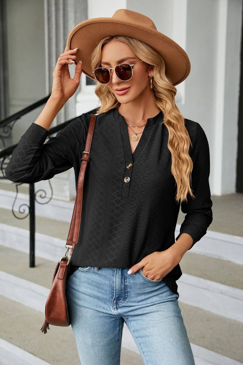 CWTBLL2801_SOLID COLOR V-NECK LONG SLEEVE BUTTON-UP TOP