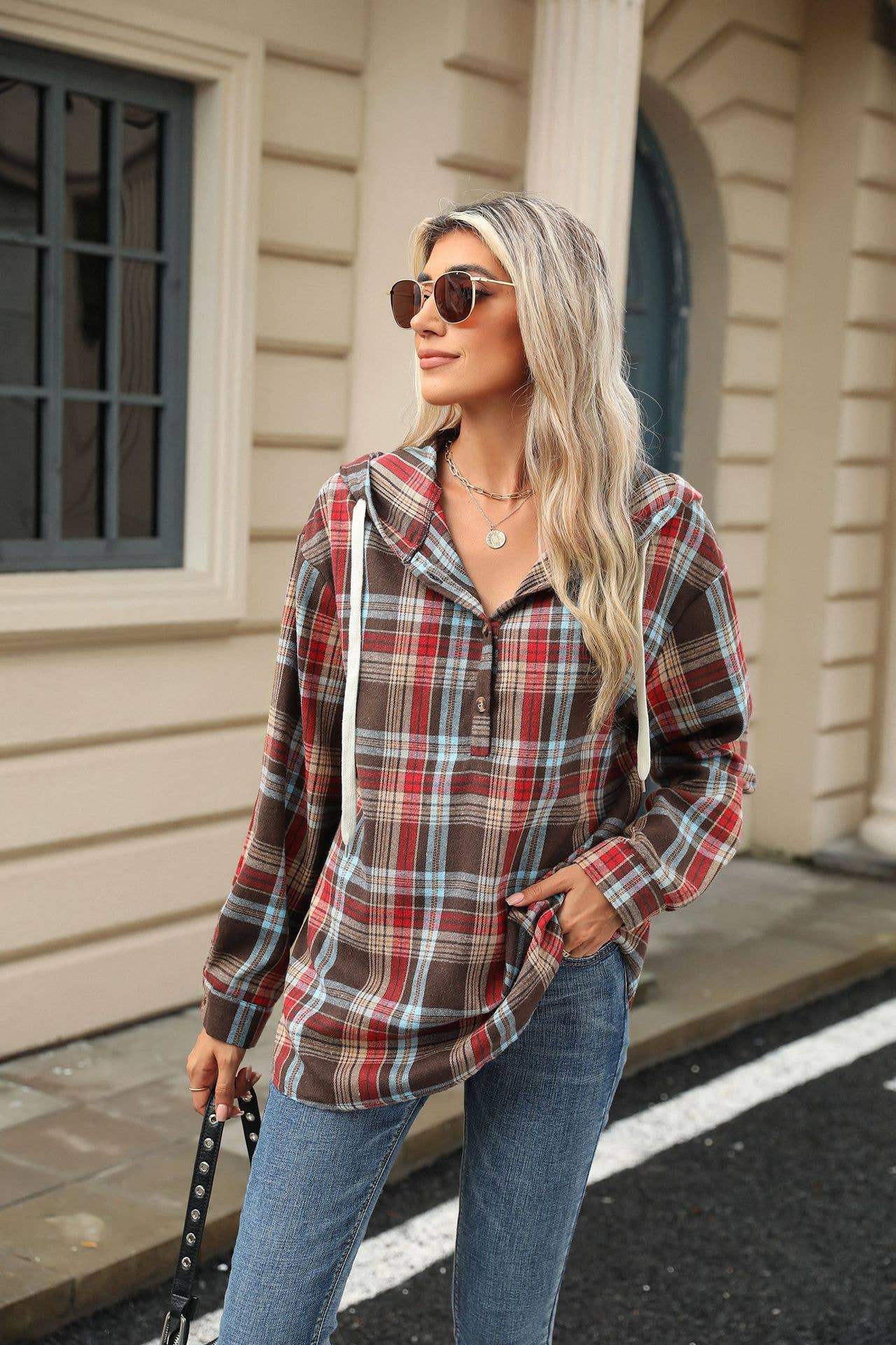 Checked hooded loose long-sleeved sweatshirt