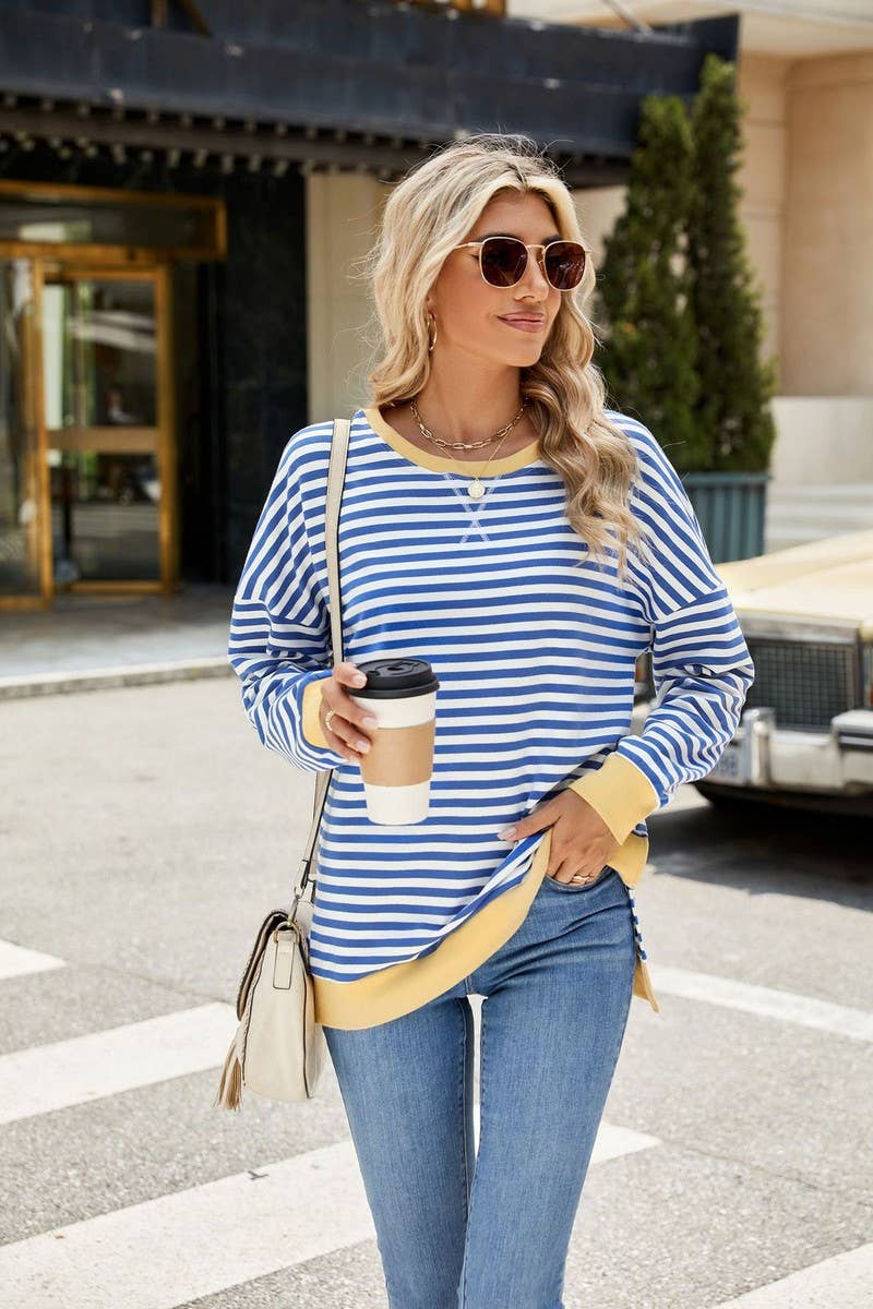 CWTBLL3746_CONTRAST COLOR SLIT LOOSE STRIPED SWEATSHIRT
