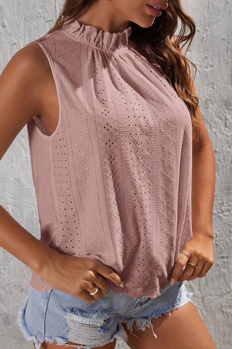 CWTBLSL0241_LOTUS COLLAR HOLLOWED OUT SLEEVELESS TOP