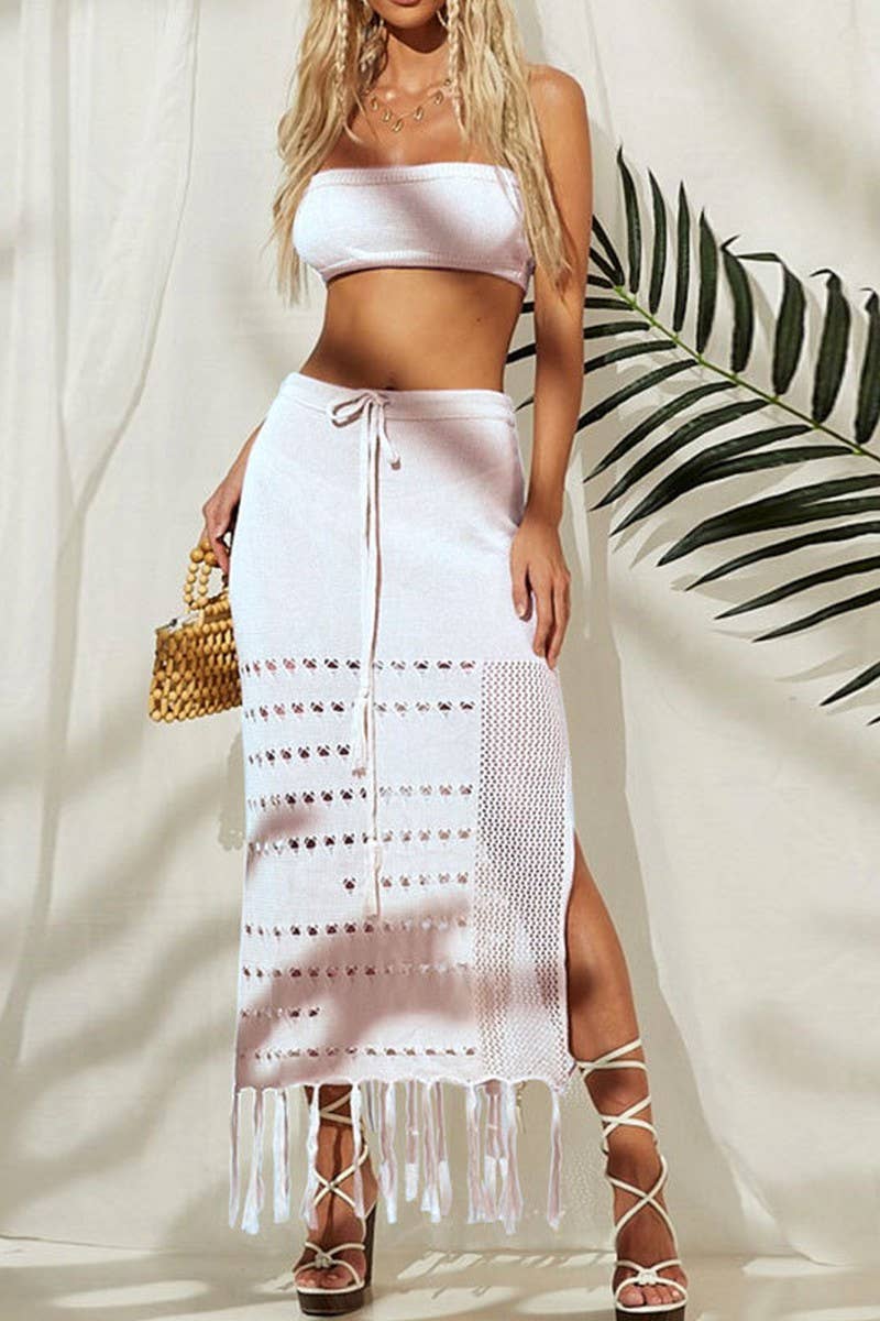 CWSTB1651_TUBE TOP TASSEL LACE-UP LONG SKIRT TWO-PIECE SET