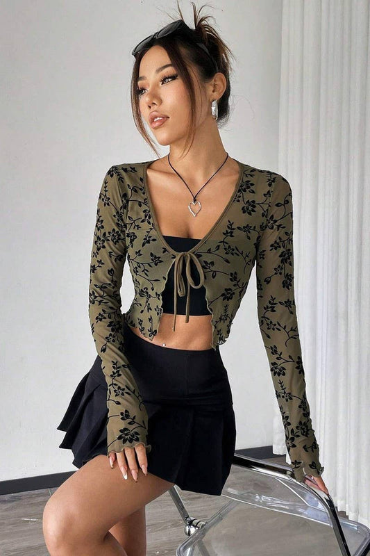 CWTBLL3561_SHEER MESH FLOCKED LACE-UP LONG SLEEVE TOP