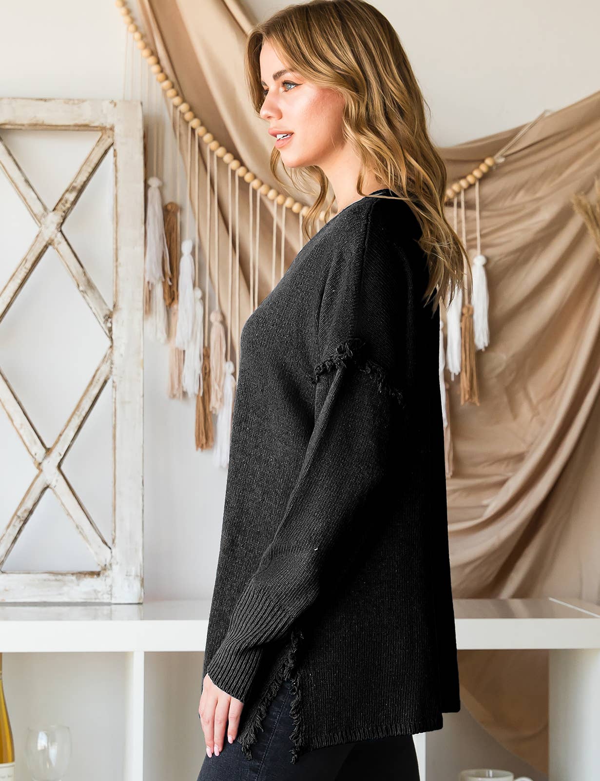 CWOSWL1832_BUTTON DOWN FRINGE SHOULDER SWEATER KNIT TOP