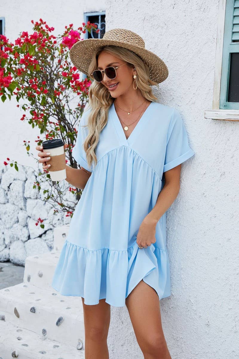 CWDSD3113_V Neck Tiered Short Sleeve Dress