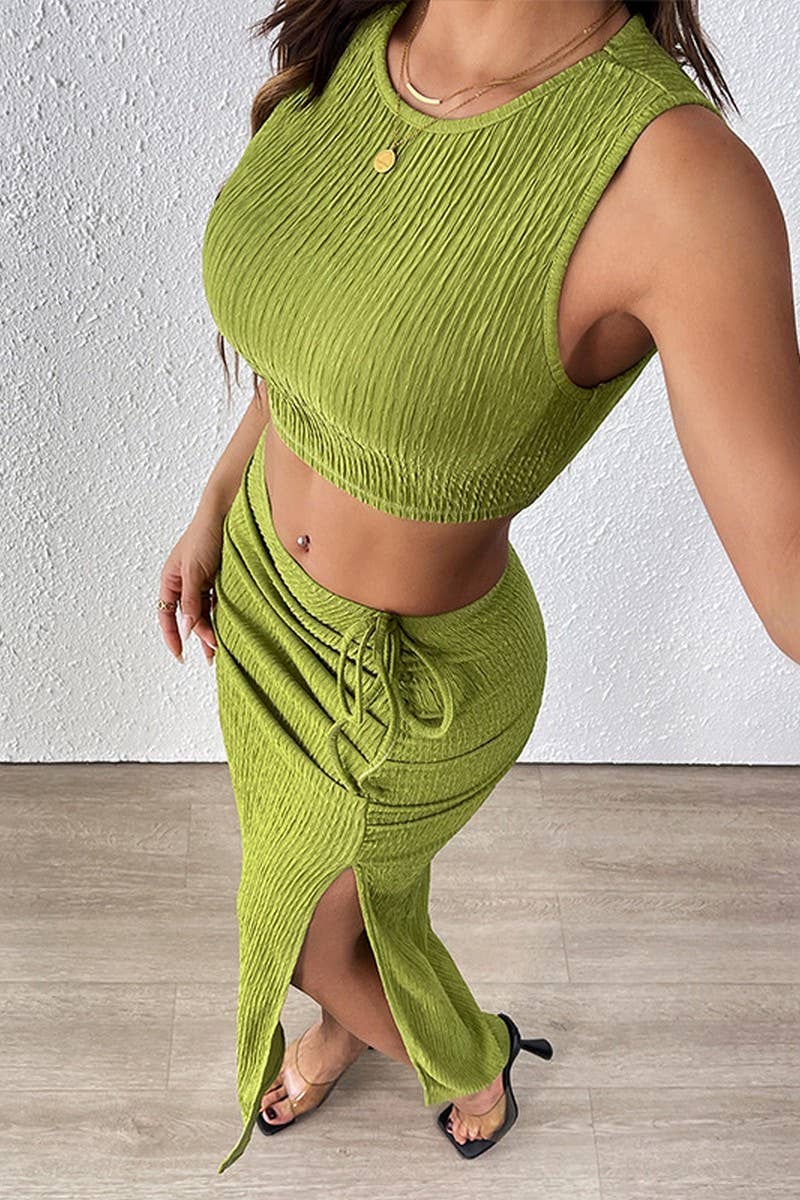 CWSTB1554_TEXTURED SLIT SLEEVELESS VEST TWO-PIECE SET